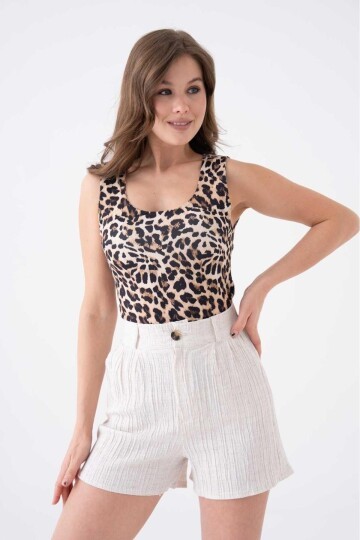 Kadın Pamuk Keten Kendinden Dokulu Yazlık Spor Şık Maya Keten Şort