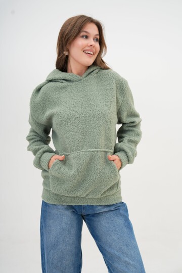 Kadın Peluş Kumoş Kanguru Cepli Kapüşonlu Rahat Kalıp Standart Sweatshirt
