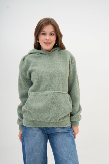 Kadın Peluş Kumoş Kanguru Cepli Kapüşonlu Rahat Kalıp Standart Sweatshirt