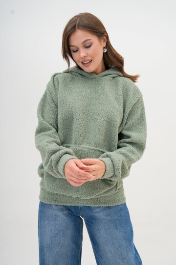 Kadın Peluş Kumoş Kanguru Cepli Kapüşonlu Rahat Kalıp Standart Sweatshirt