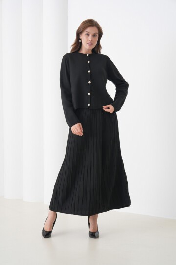 Kadın Pileli Etek Kazağı Düğmeli Tesettüre Uygun Örgü Triko Etekli Ceket Takım