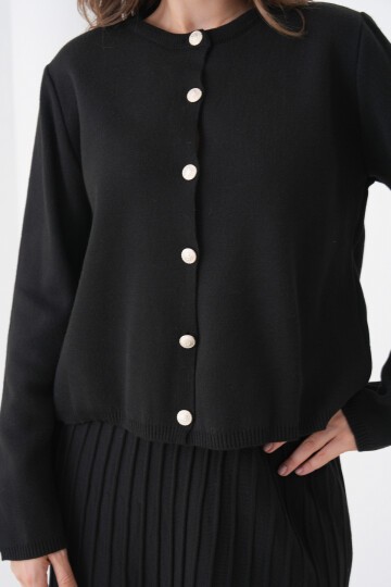 Kadın Pileli Etek Kazağı Düğmeli Tesettüre Uygun Örgü Triko Etekli Ceket Takım