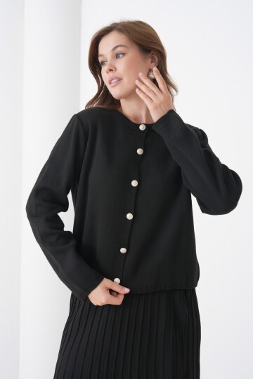 Kadın Pileli Etek Kazağı Düğmeli Tesettüre Uygun Örgü Triko Etekli Ceket Takım