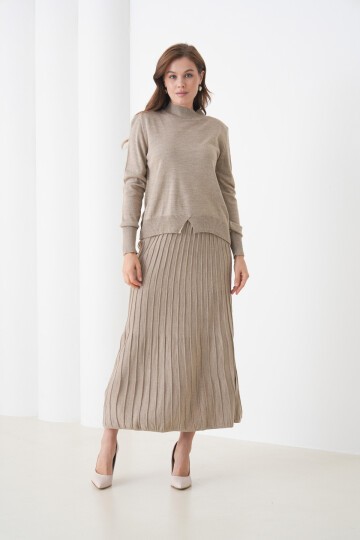 Kadın Pileli Etek Kazağı V Tasarım Tesettüre Uygun Örgü Triko Etek Kazak Takım