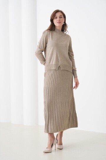 Kadın Pileli Etek Kazağı V Tasarım Tesettüre Uygun Örgü Triko Etek Kazak Takım