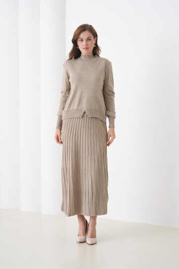 Kadın Pileli Etek Kazağı V Tasarım Tesettüre Uygun Örgü Triko Etek Kazak Takım