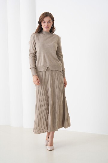 Kadın Pileli Etek Kazağı V Tasarım Tesettüre Uygun Örgü Triko Etek Kazak Takım