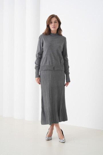 Kadın Pileli Etek Kazağı V Tasarım Tesettüre Uygun Örgü Triko Etek Kazak Takım