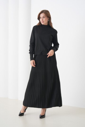 Kadın Pileli Etek Kazağı V Tasarım Tesettüre Uygun Örgü Triko Etek Kazak Takım