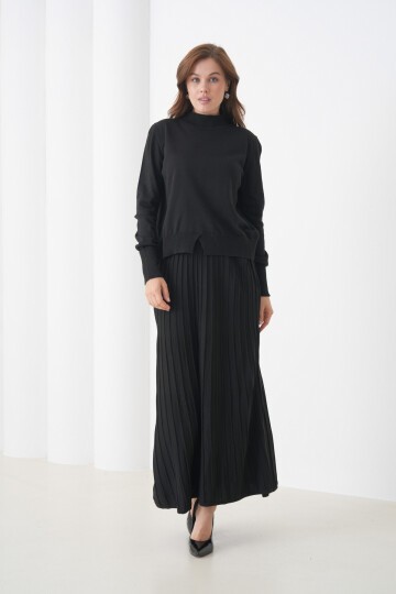 Kadın Pileli Etek Kazağı V Tasarım Tesettüre Uygun Örgü Triko Etek Kazak Takım