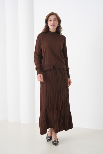 Kadın Pileli Etek Kazağı V Tasarım Tesettüre Uygun Örgü Triko Etek Kazak Takım