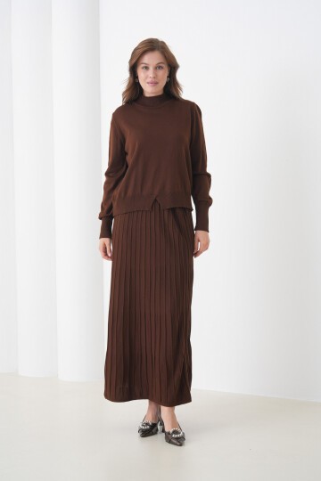 Kadın Pileli Etek Kazağı V Tasarım Tesettüre Uygun Örgü Triko Etek Kazak Takım