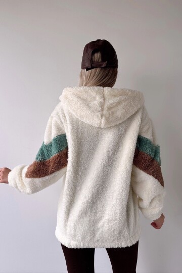 Kadın Renkli Garnili Kol Detay PeluşcFermuarlı Rahat Kalıp  Spor Şık Örme Kapüşonlu Ceket