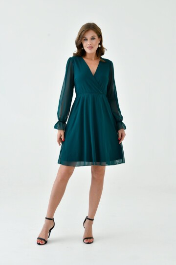 Kadın Şifon Kruvaze Curve Volanlı Esnek Tül Uzun Kol Şık Büyük Beden Elbise