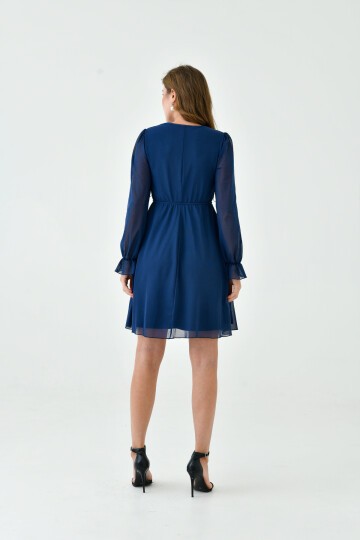 Kadın Şifon Kruvaze Curve Volanlı Esnek Tül Uzun Kol Şık Büyük Beden Elbise