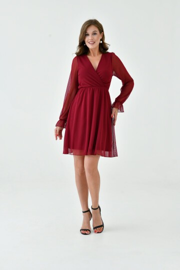 Kadın Şifon Kruvaze Curve Volanlı Esnek Tül Uzun Kol Şık Büyük Beden Elbise