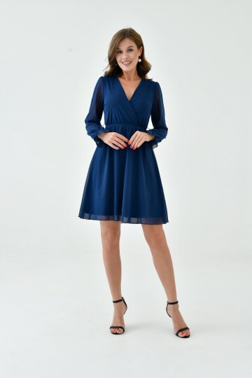 Kadın Şifon Kruvaze Curve Volanlı Esnek Tül Uzun Kol Şık Büyük Beden Elbise