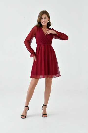 Kadın Şifon Kruvaze Curve Volanlı Esnek Tül Uzun Kol Şık Büyük Beden Elbise