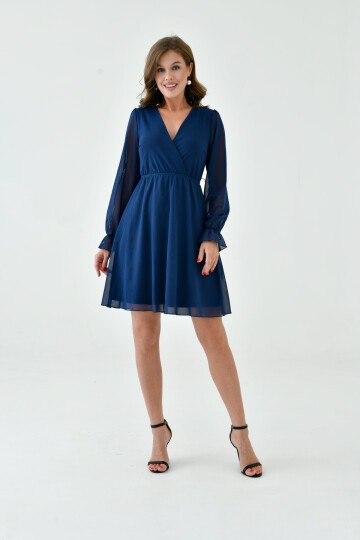 Kadın Şifon Kruvaze Curve Volanlı Esnek Tül Uzun Kol Şık Büyük Beden Elbise