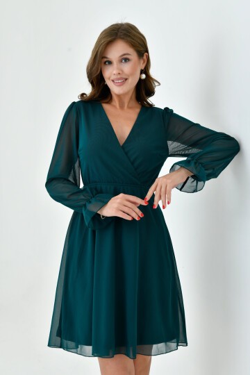 Kadın Şifon Kruvaze Curve Volanlı Esnek Tül Uzun Kol Şık Büyük Beden Elbise