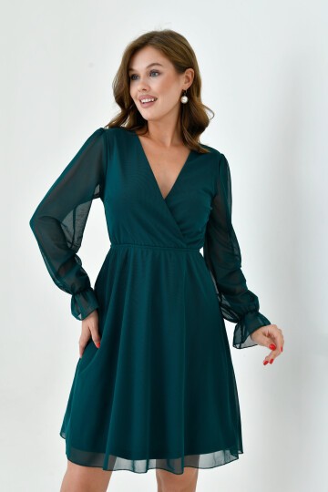 Kadın Şifon Kruvaze Curve Volanlı Esnek Tül Uzun Kol Şık Büyük Beden Elbise