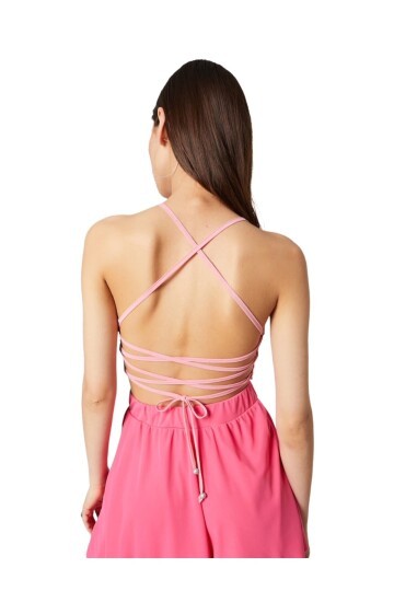 Kadın Sırtı Açık Bağlamalı Tül Degaje Yaka Spor Şık Tasarım Pembe Croptop Büstiyer