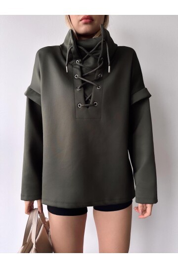 Kadın Tasarım Bağcıklı Yaka Super Şık Trend Scuba Sweatshirt