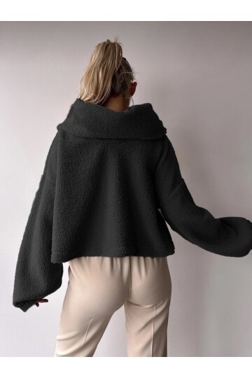 Kadın Tasarım Peluş Dökme Yaka Spor Şık Rahat Crop Sweat Curve Kazak