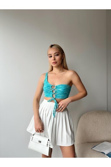 Kadın Tek Omuz Önden Bağlamalı Tasarım Spor Şık Mavi Crop Top