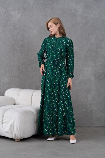 Kadın Tesettüre Uygun Desenli Uzun Kol Beli Bağcıklı Maxi Boy Rahat Büyük Beden Şık Pamuk Elbise