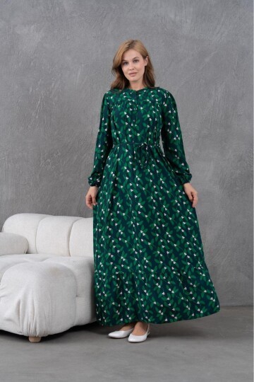 Kadın Tesettüre Uygun Desenli Uzun Kol Beli Bağcıklı Maxi Boy Rahat Büyük Beden Şık Pamuk Elbise