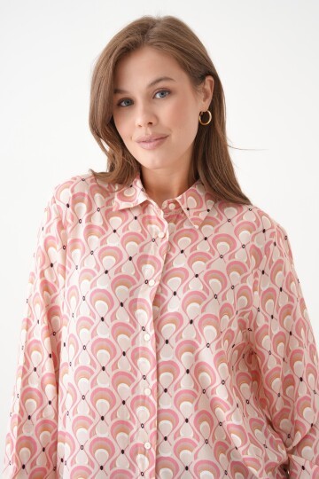 Kadın Tesettüre Uygun Desenli Uzun Kol Pamuk Şık Büyük Beden Desenli Curve Rahat Gömlek