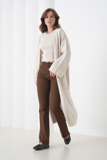 Kadın Tesettüre Uygun Maxi Boy Uzun Kol Cepli Spor Şık Triko Ceket