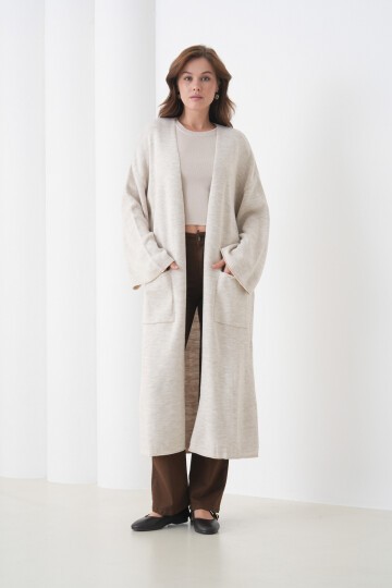 Kadın Tesettüre Uygun Maxi Boy Uzun Kol Cepli Spor Şık Triko Ceket