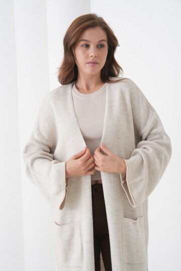 Kadın Tesettüre Uygun Maxi Boy Uzun Kol Cepli Spor Şık Triko Ceket