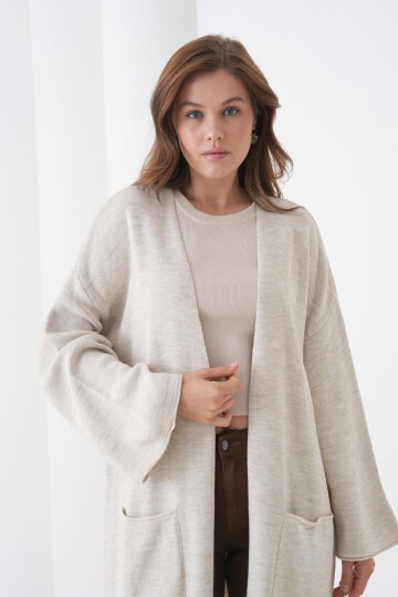 Kadın Tesettüre Uygun Maxi Boy Uzun Kol Cepli Spor Şık Triko Ceket