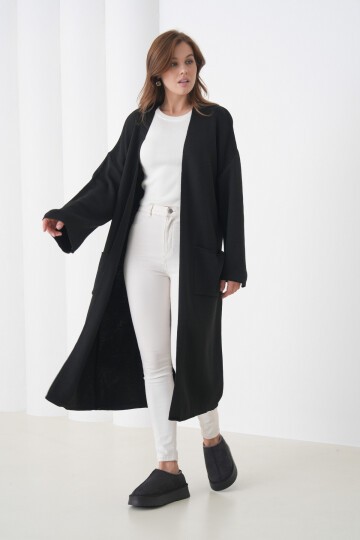 Kadın Tesettüre Uygun Maxi Boy Uzun Kol Cepli Spor Şık Triko Ceket