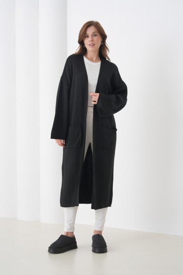 Kadın Tesettüre Uygun Maxi Boy Uzun Kol Cepli Spor Şık Triko Ceket