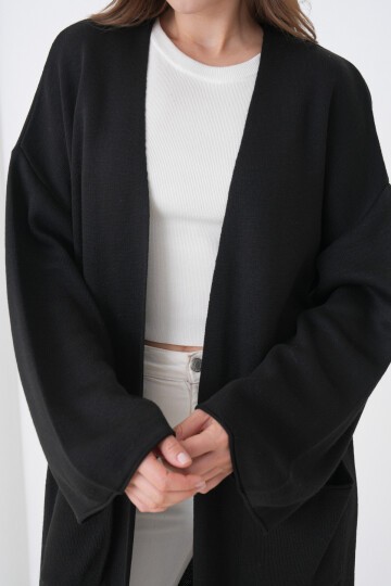 Kadın Tesettüre Uygun Maxi Boy Uzun Kol Cepli Spor Şık Triko Ceket