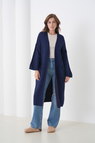 Kadın Tesettüre Uygun Maxi Boy Uzun Kol Cepli Spor Şık Triko Ceket