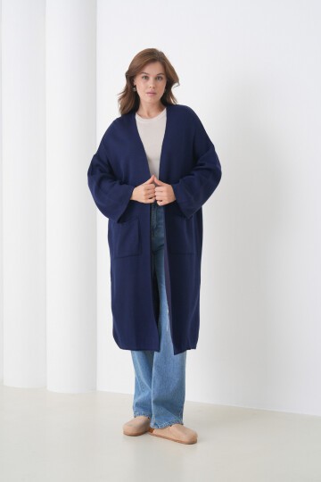 Kadın Tesettüre Uygun Maxi Boy Uzun Kol Cepli Spor Şık Triko Ceket