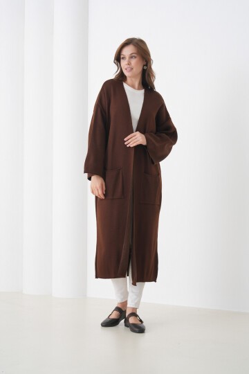 Kadın Tesettüre Uygun Maxi Boy Uzun Kol Cepli Spor Şık Triko Ceket