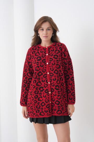 Kadın Tesettüre Uygun Midi Boy Uzun Kol Önden Düğmeli Leopar Desenli Spor Şık Triko Ceket
