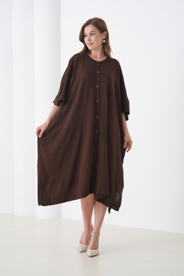 Kadın Tesettüre Uygun Önden Düğmeli Asimetrik Kesim Yarasa Kol Şık Geniş Kalıp Panço Ceket