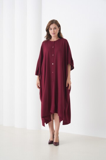 Kadın Tesettüre Uygun Önden Düğmeli Asimetrik Kesim Yarasa Kol Şık Geniş Kalıp Panço Ceket