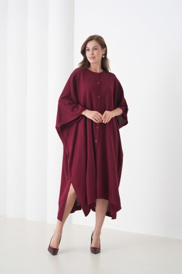 Kadın Tesettüre Uygun Önden Düğmeli Asimetrik Kesim Yarasa Kol Şık Geniş Kalıp Panço Ceket