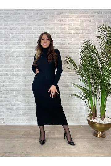 Kadın Triko Boğazlı Uzun Siyah Elbise