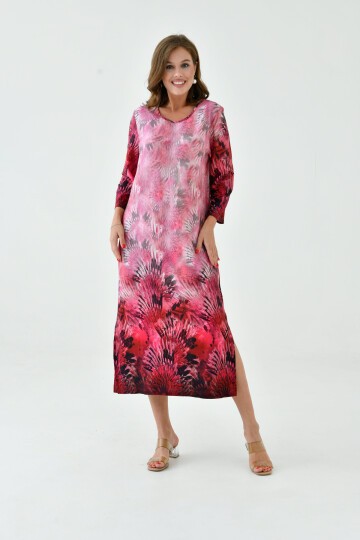 Kadın Truvakar Kol Desenli Midi Boy Büyük Beden Curve Gecelik Yırtmaçlı Pamuk Elbise