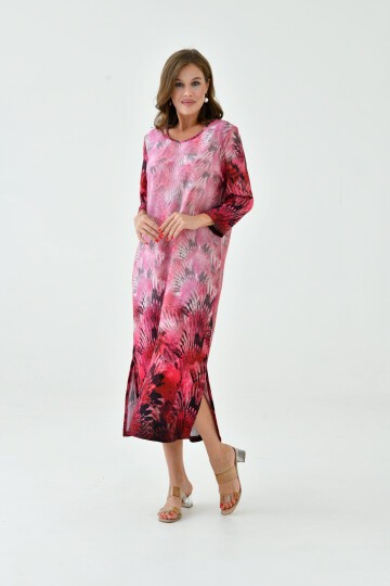 Kadın Truvakar Kol Desenli Midi Boy Büyük Beden Curve Gecelik Yırtmaçlı Pamuk Elbise