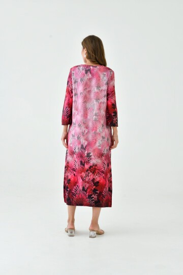 Kadın Truvakar Kol Desenli Midi Boy Büyük Beden Curve Gecelik Yırtmaçlı Pamuk Elbise